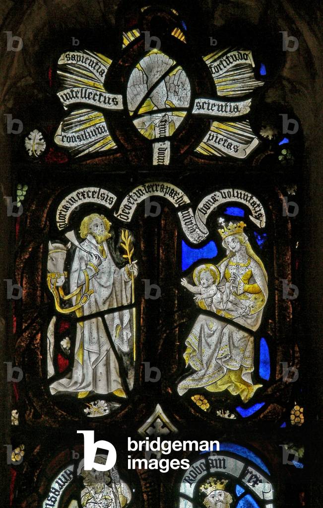 Window Ew depicting Tree of Jesse figures: descending gifts of the Spirit into the Nativity with the Virgin Mary and ?Joseph with horse/donkey (stained glass)