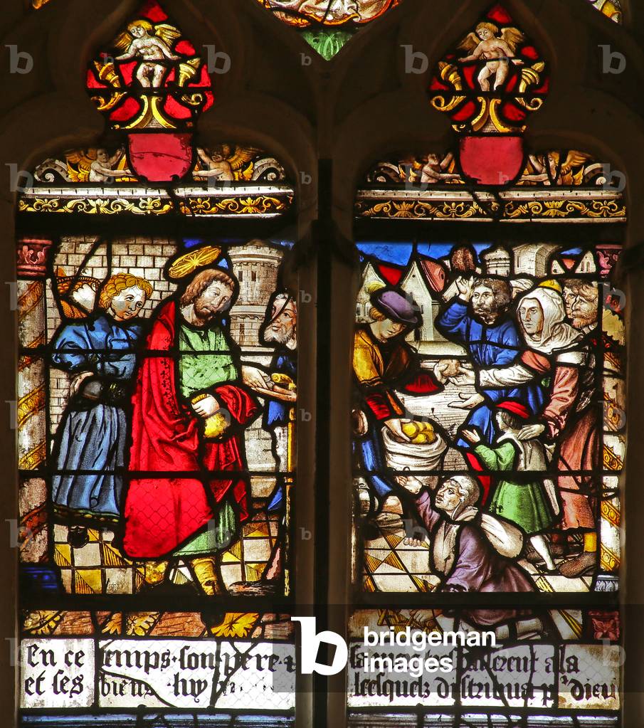 Window depicting Saint Roche's Charity feeding the Poor (stained glass)