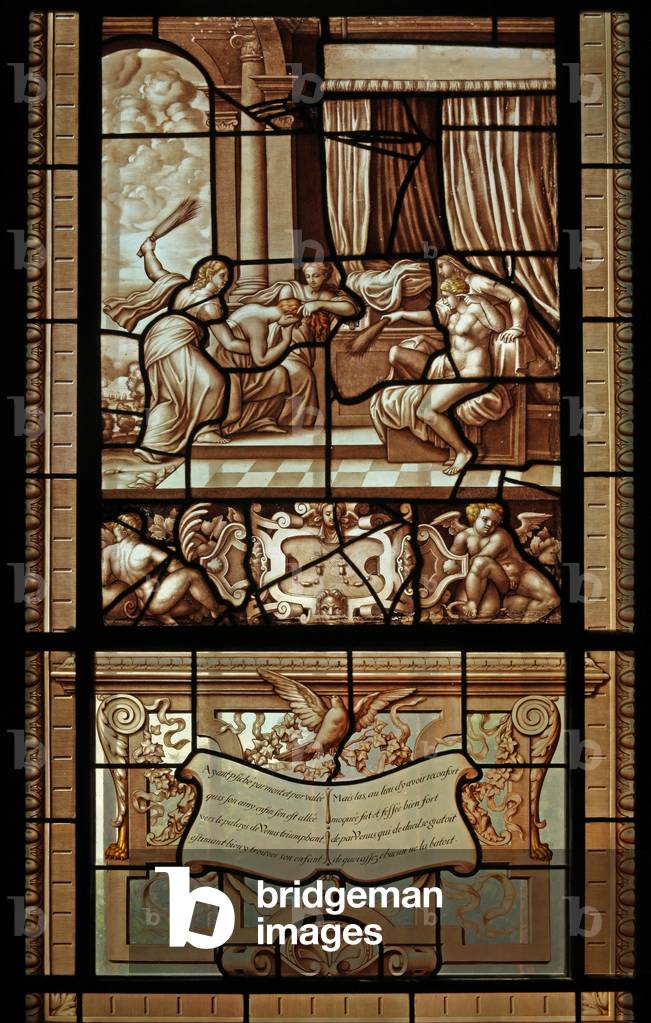 Panel 29a of the story of Psyche and Cupid: Psyche is beaten by Venus' servants and told to perform a number of tasks (stained glass)
