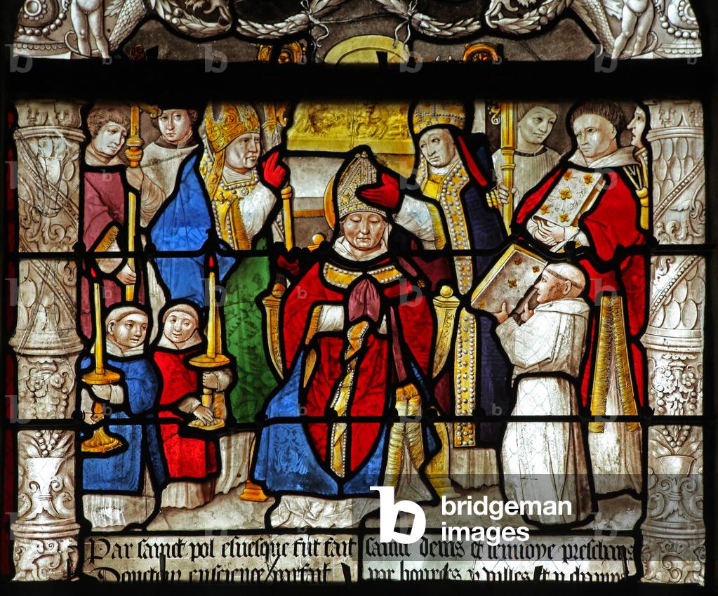 Window w31 depicting a scene from the life of St Denis: his is ordained bishop (stained glass)