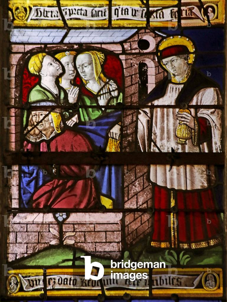 Window depicting Saint Nicholas leaving money for the father of three girls to avoid their going into prostitusion (stained glass)