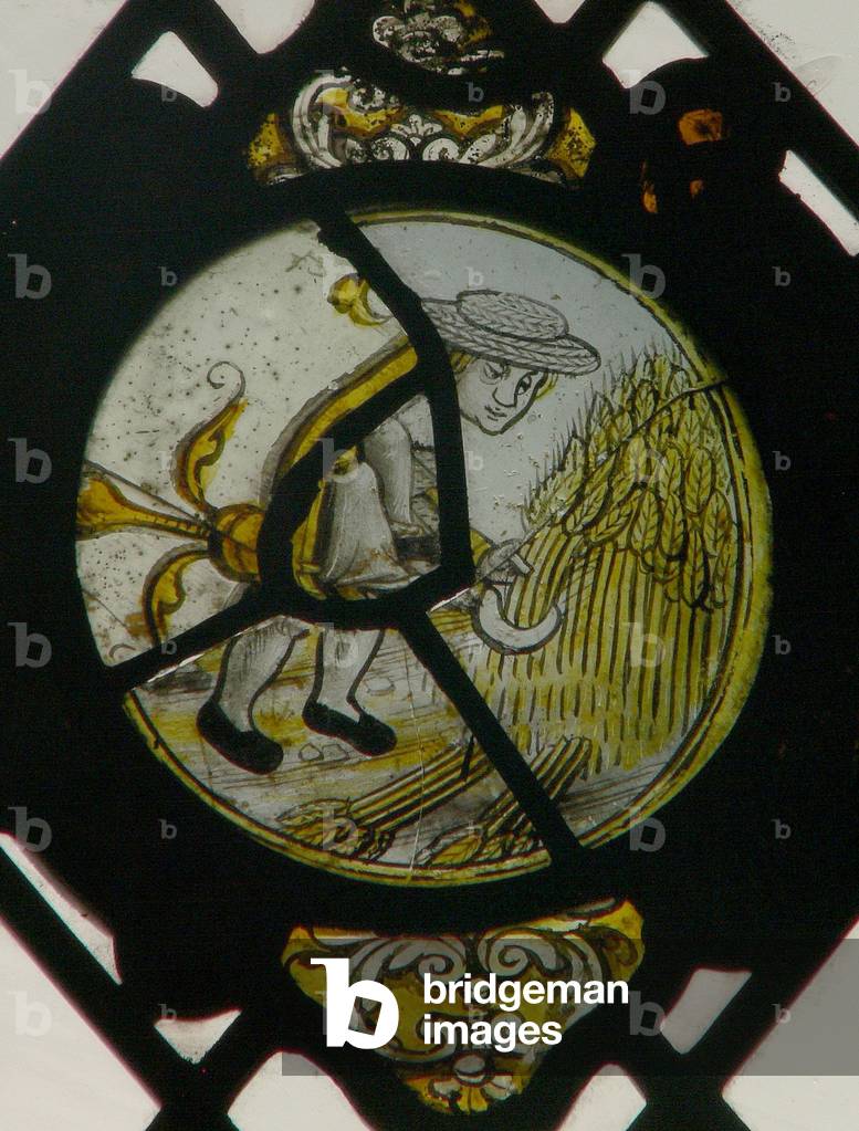 Window S2 depicting the Labours of the Months: August (stained glass)