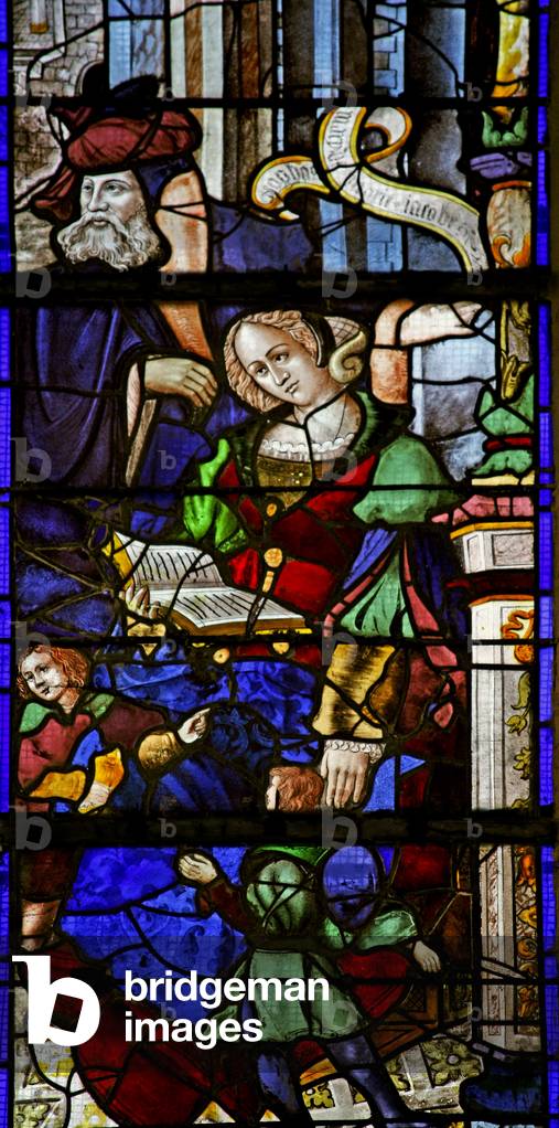 Window w6 depicting Mary Jacobe and her family (stained glass)