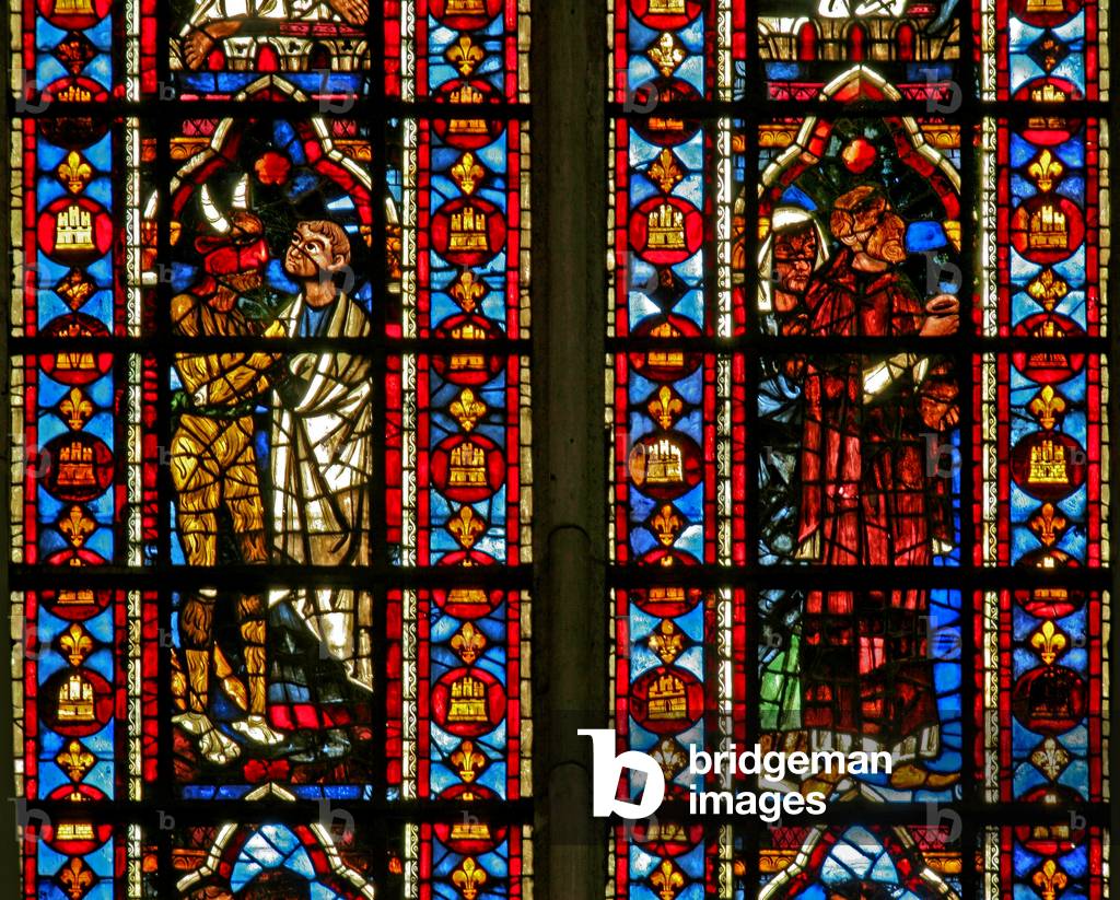 Window w212 depicting a scene from the Theophilus story: the devil takes him to the usurer Salatin.. (stained glass)