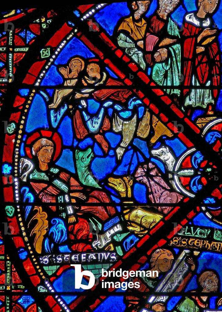 Window w15 depicting St Stephen's dead body is abandoned; animals are discouraged by birds (stained glass)