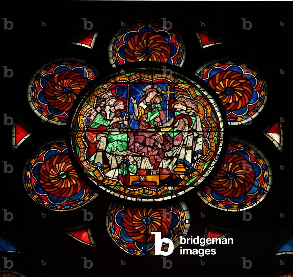 Window w12 depicting the Death of the Virgin Mary (stained glass)