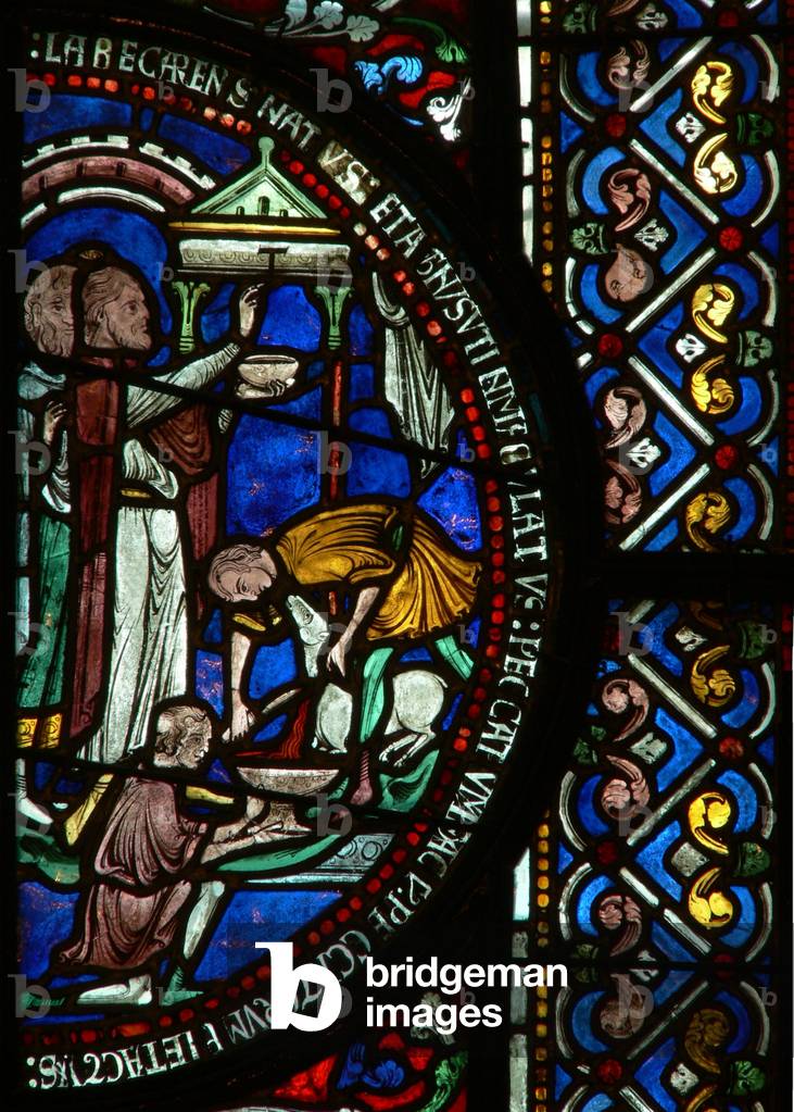 Window I depicting the Passover Tau sign (stained glass)