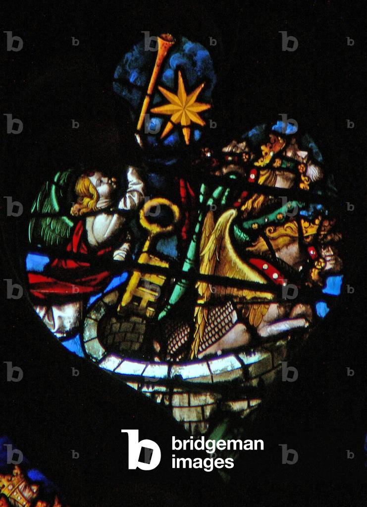 The west rose window depicting a scene from the Book of Revelation: fifth trumpet; the star fails from heaven, the key to the bottomless pit, and a huge locust (9:1 6).. (stained glass)