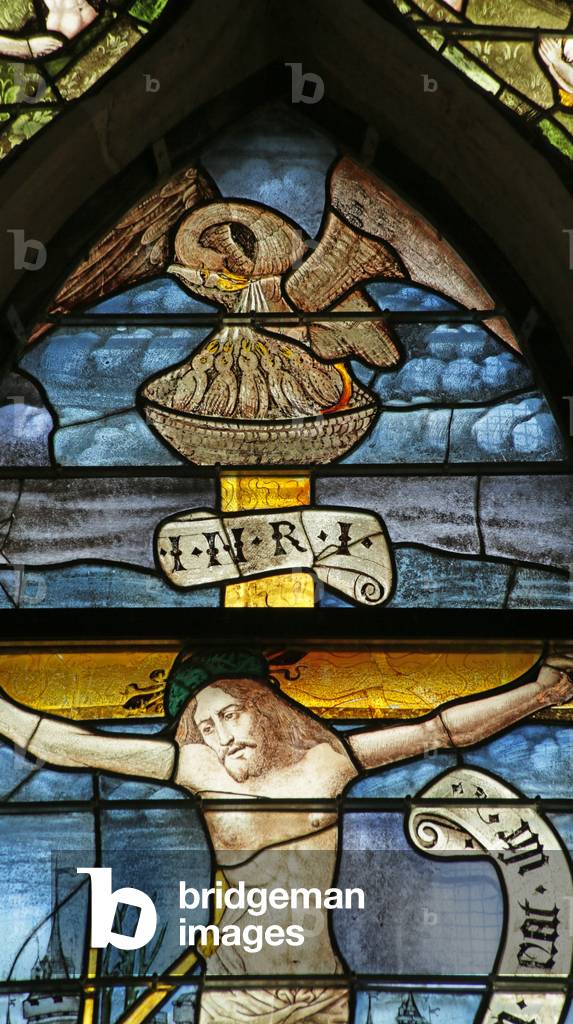 Window depicting the Pelican feeding her young, symbol of the Crucifixion, detail of 2921604, 1500-10 (stained glass)