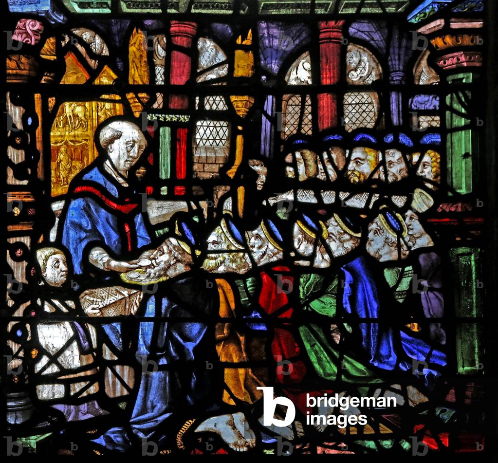 Window w1 depicting the Brotherhood of the Holy Sacrament take Communion (stained glass)