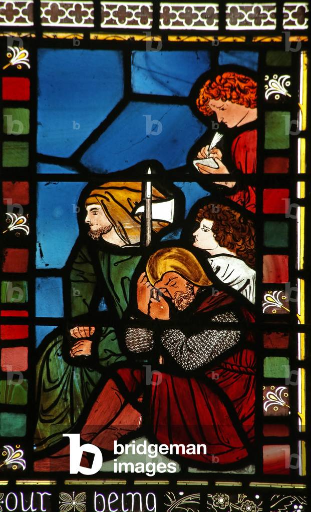 People attending St Paul preaching at Athens (stained glass)