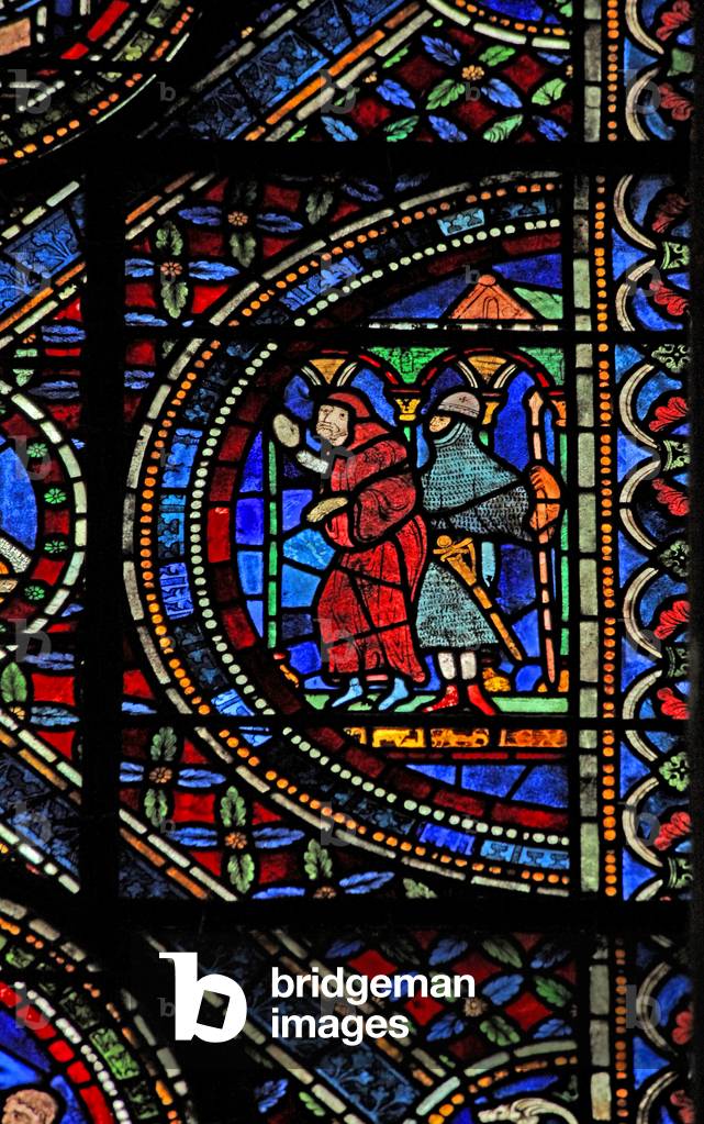 Window n7 depicting a scene from the life of St Thomas Becket: an armed knight and a monk (stained glass)