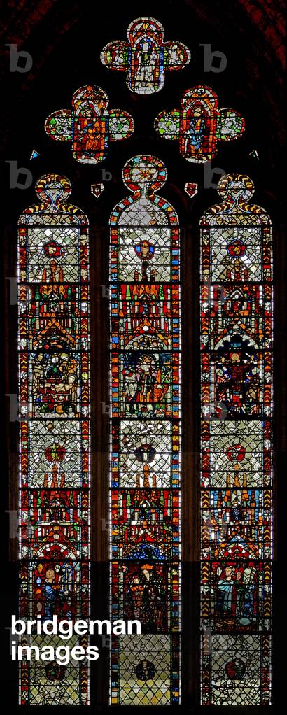 Window w39 depicting the martyrdoms of St Laurence, St Denys and St Eleutherius (stained glass)