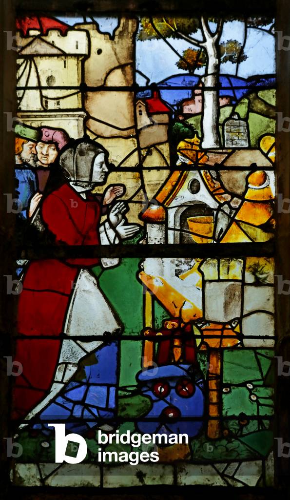 Window depicting Tabernacle built by bees for the Sacrament (stained glass)