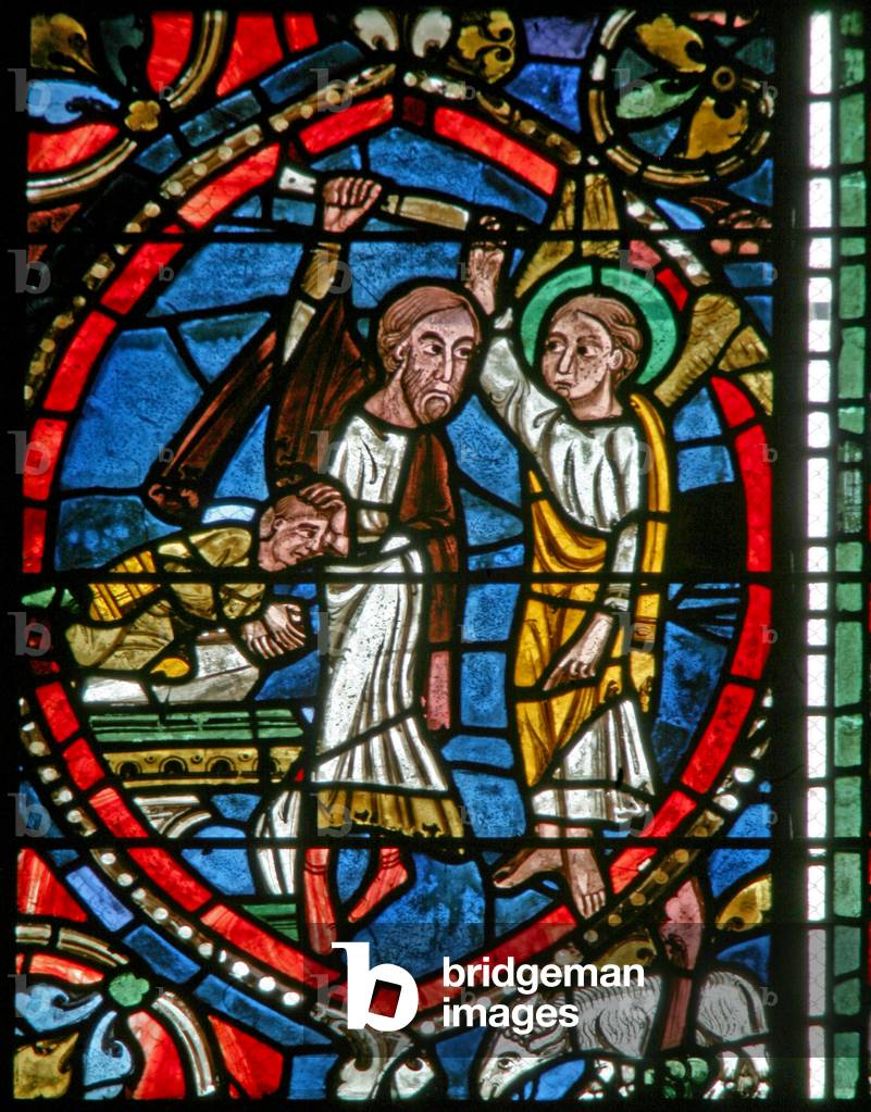 Window w5-L depicting Abraham is stopped by an angel from sacrificing Isaac (stained glass)