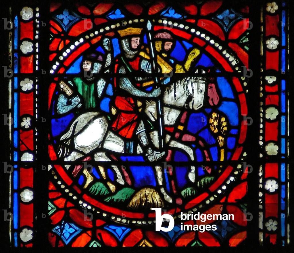 Window s1-R depicting a scene from St Bonnet's journey to Rome; Knights return from battle (stained glass)