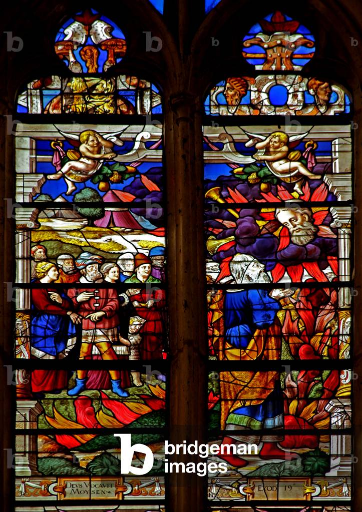 Window w120 depicting Moses receiving the tables of the Law (stained glass)