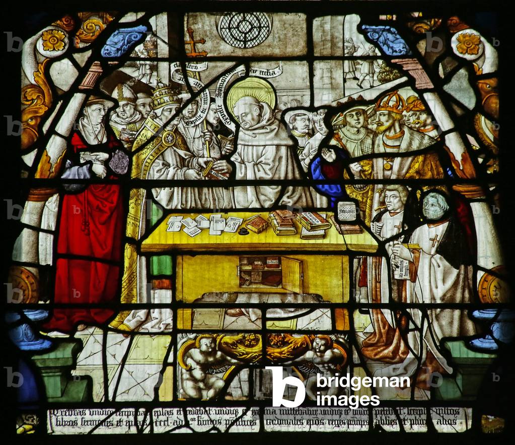 St Bernard distributes his writings to bishops, a pope and others, c.1500 (stained glass)