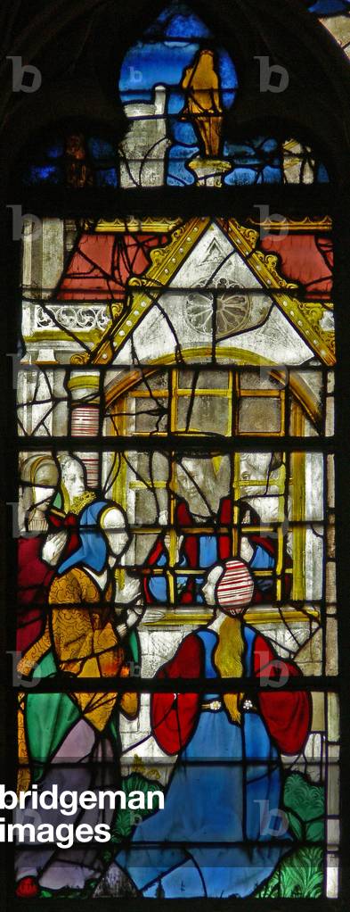 Window w119 depicting a scene from the life of St Thomas: St Thomas in prison is visited by Princess Migdomie; Venetian glass (stained glass)