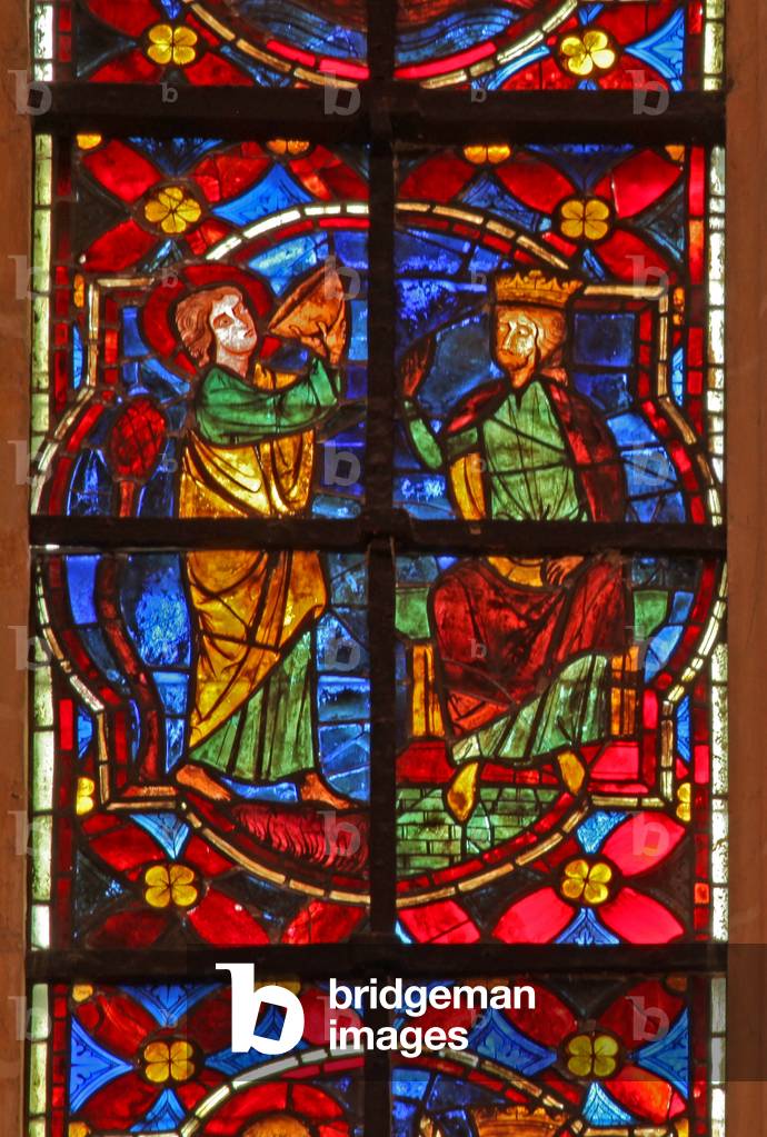 Window w212 depicting a scene from the legend of St John: the saint drinks the poisoned cup (stained glass)