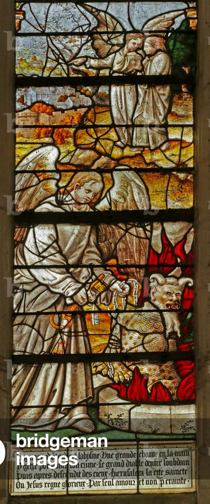 Window depicting a Scene from the Book of Revelation: Angel with key to the pit, Satan (stained glass)