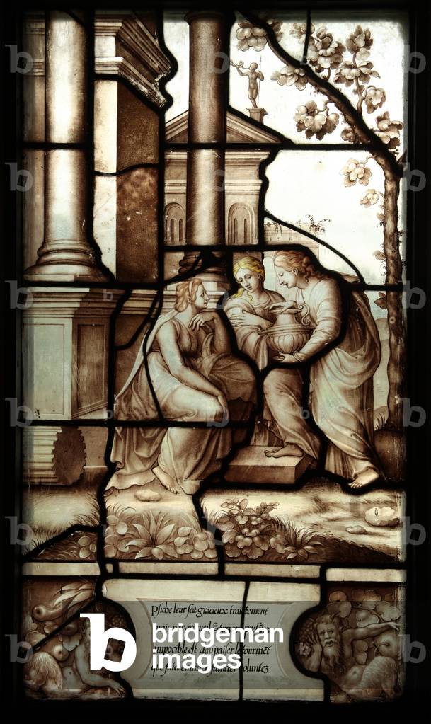 Panel 16 of the story of Psyche and Cupid: Psyche wth her sisters. She describes her lover/husband to them as a wealthy young hunter and shows them her treasures (stained glass)