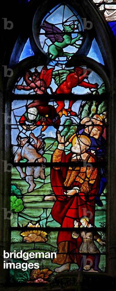 Window w4 depicting St Peter with Simon Magus as he falls after trying to fly (stained glass)
