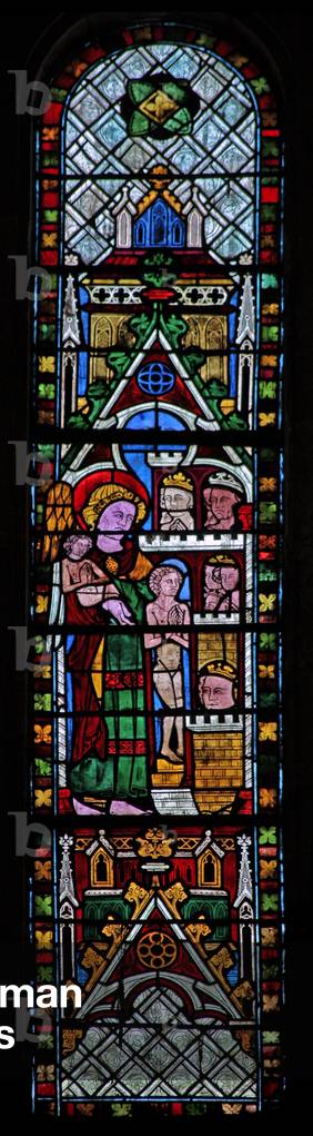 The west window depicting a scene from the Last Judgement: the Elect being taken to heaven? (stained glass)