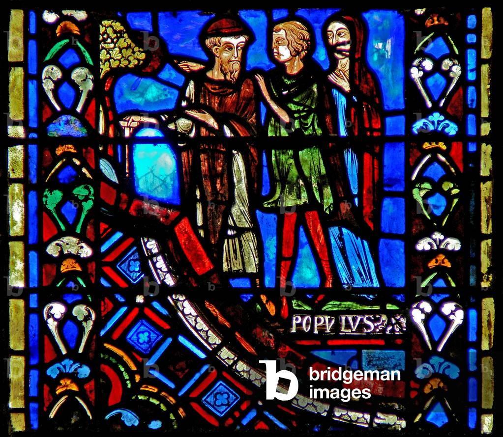 Window w53 depicting peopple going to listen to St John the Baptist in the wilderness (stained glass)