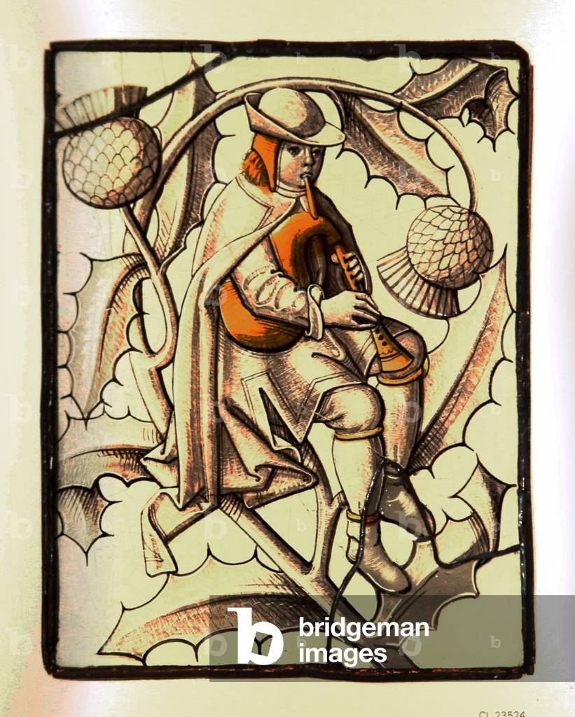 Depicting a musician playing the cornamuse - French glass (stained glass)