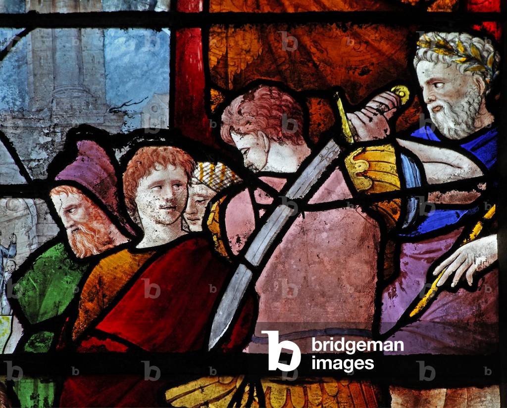 Window w9 depicting figures at the death of St Paul (stained glass)