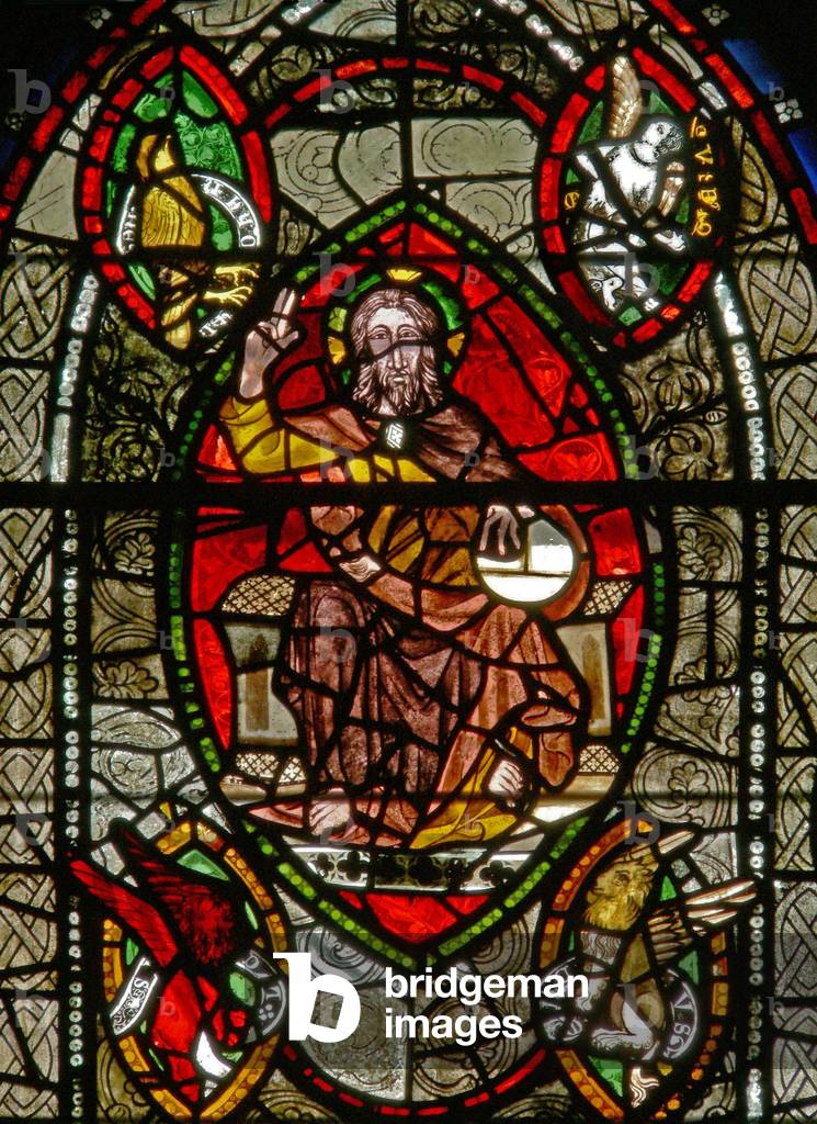 Window S depicting Christ in Majesty surrounded by Evangelist symbols (stained glass)