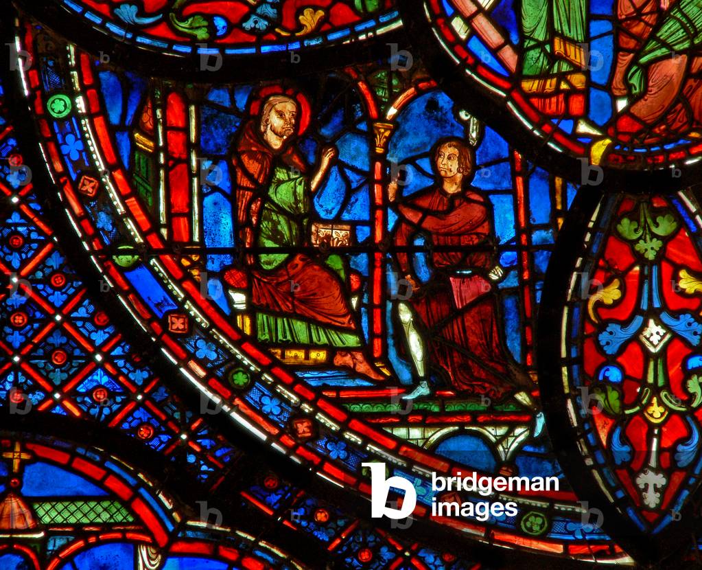 St Anthony: speaking with a man (w30b) (stained glass)