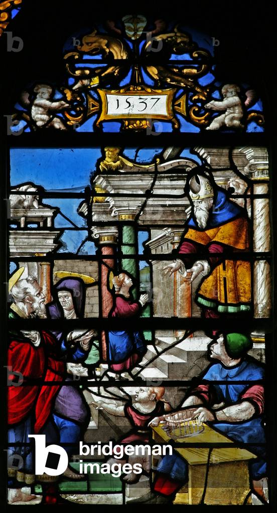 Window w20 depicting a scene from the Life of the Virgin Mary: the Presentation in the Temple (stained glass)