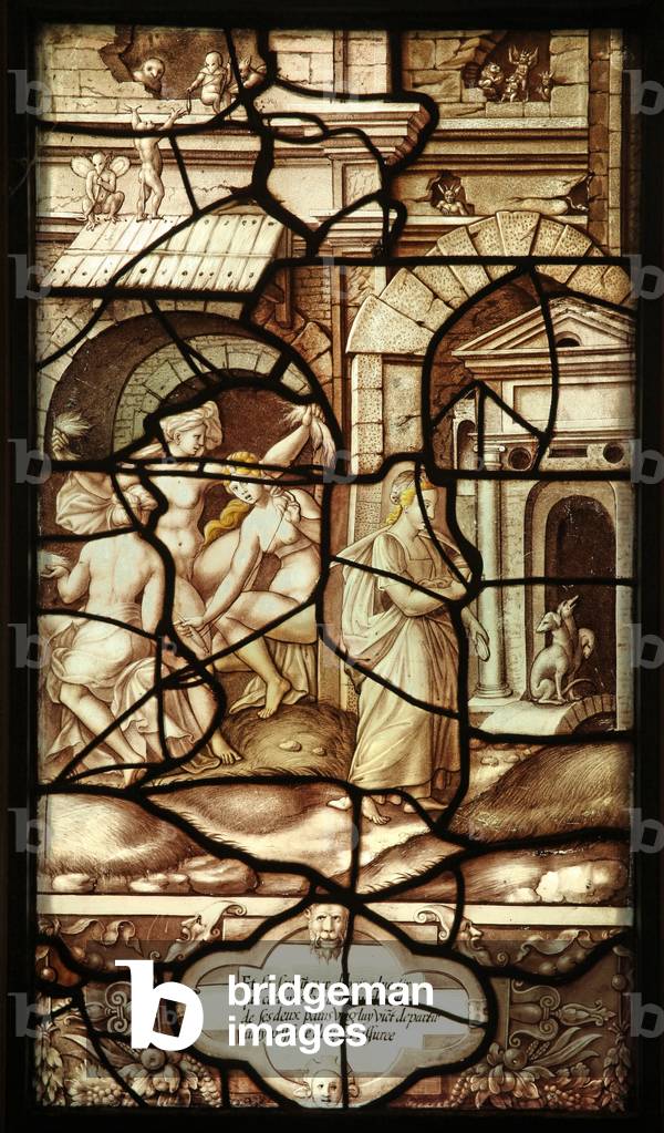 Panel 35 of the story of Psyche and Cupid: Psyche passes the three Norns that spin out the destiny of the world and also the three headed dog Cerberus and enters hell (stained glass)