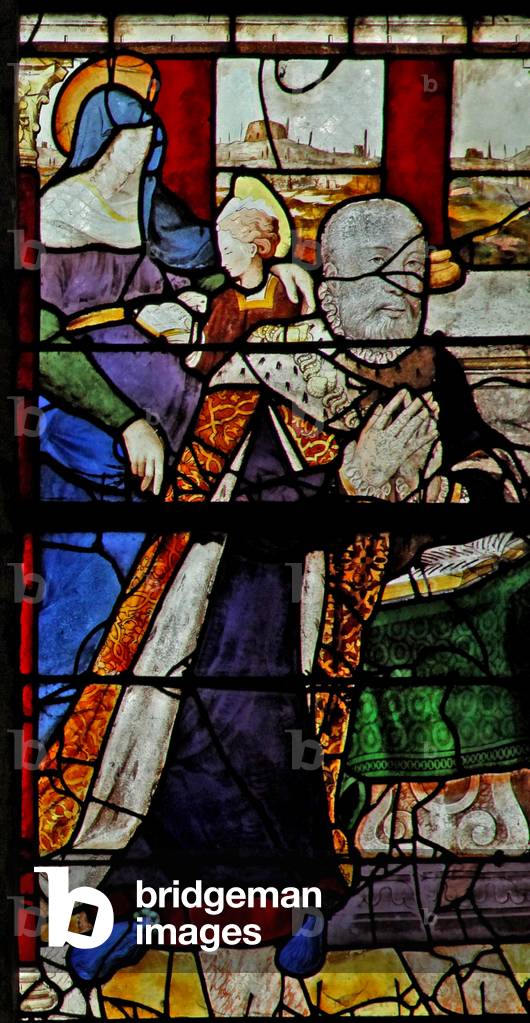Window w13 depicting Anne de Montmorency with St Anne teaching the Virgin to read (stained glass)