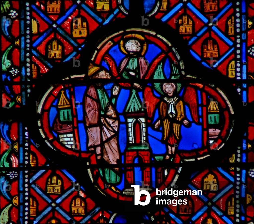 Window w10  the Vision of Ezekiel with a cherubim? Ez XL 1-5? (stained glass)