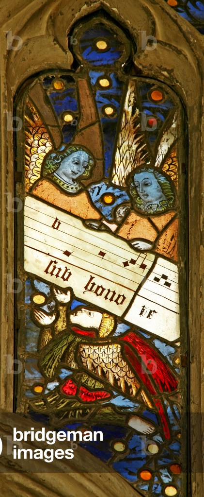 Window n2 depicting the angelic choir with musical score (stained glass)