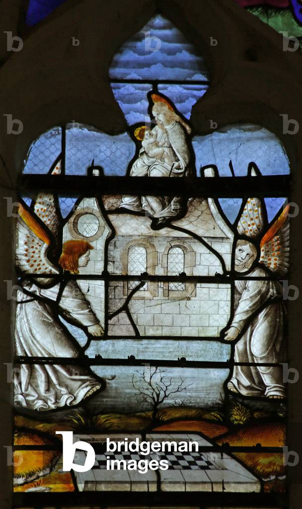 Window depicting the Legend of Notre Dame de Lorette: the Virgin's House is miraculously transported by Angels (stained glass)