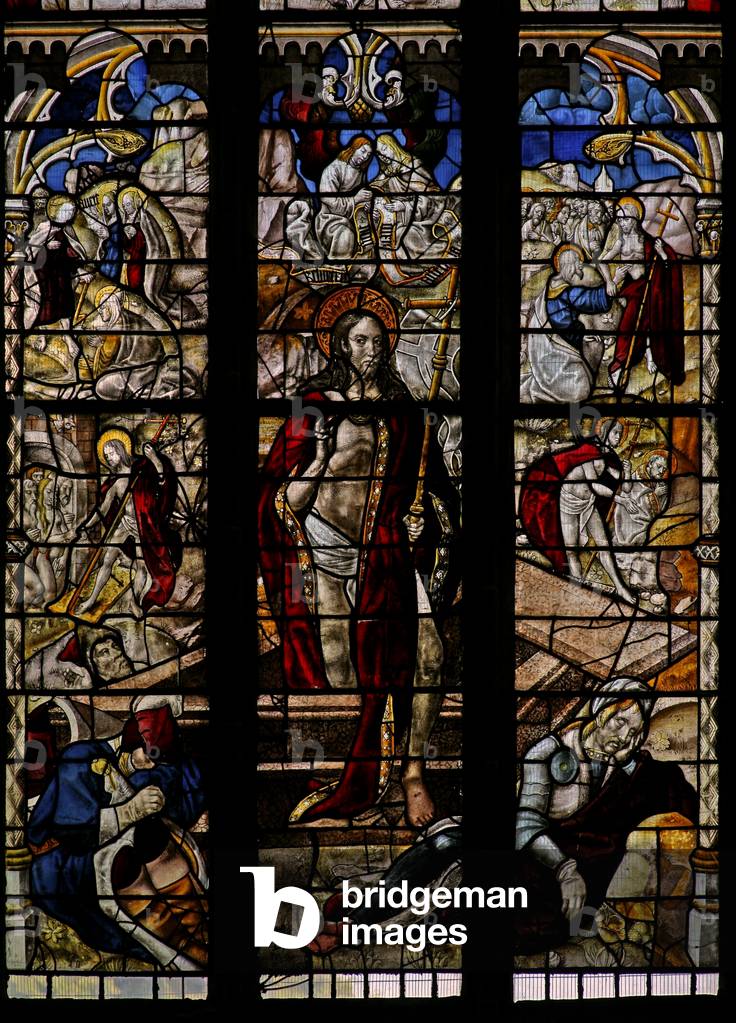 The East window (Ew) depicting the Resurrection and other post-Crucifixion events (stained glass)