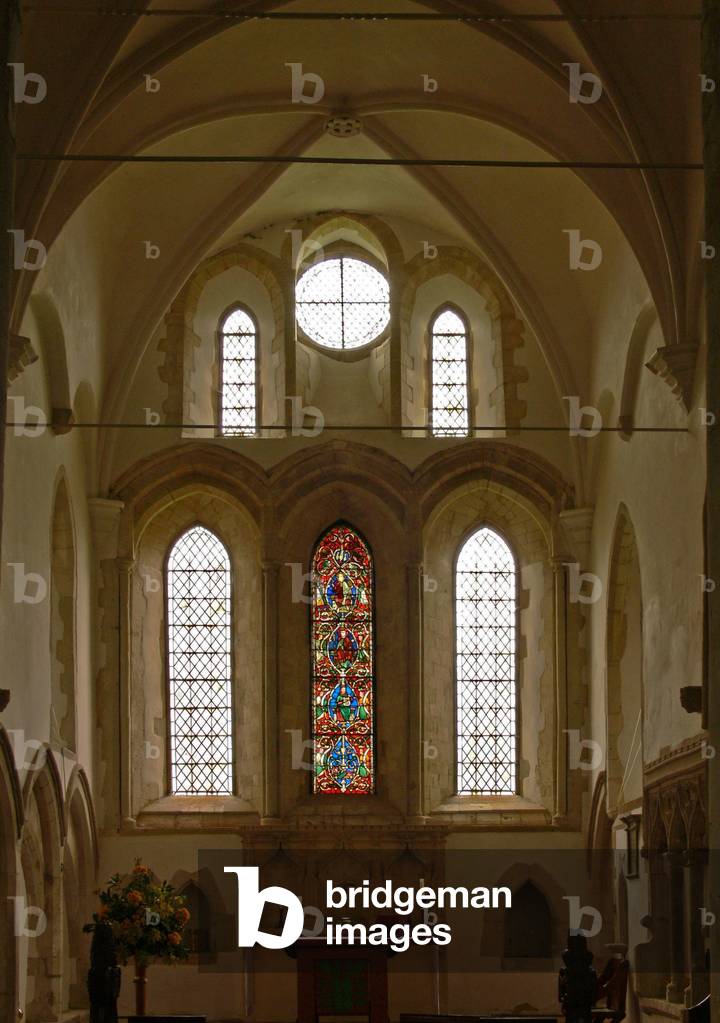 Window depicting a view of the east end of the choir with the Tree of Jesse window (stained glass)