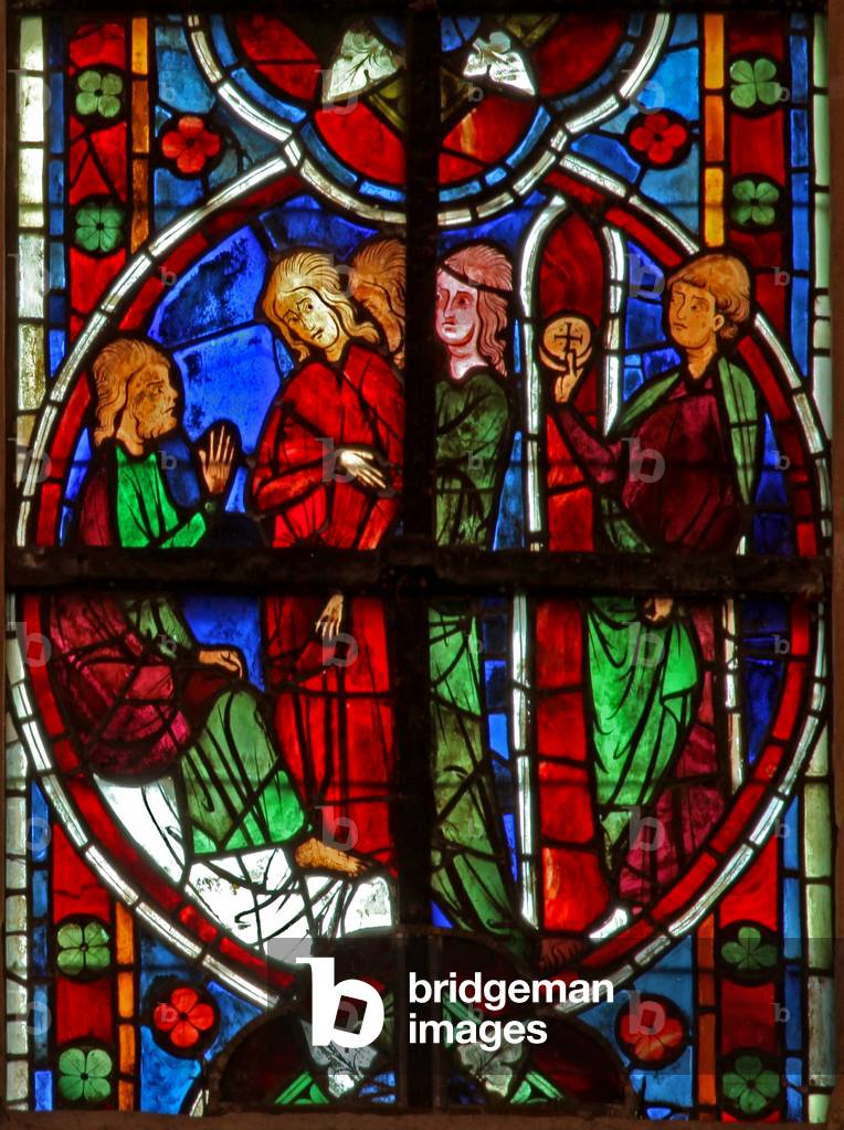 Window w209 depicting St Nicholas enticed by women (stained glass)