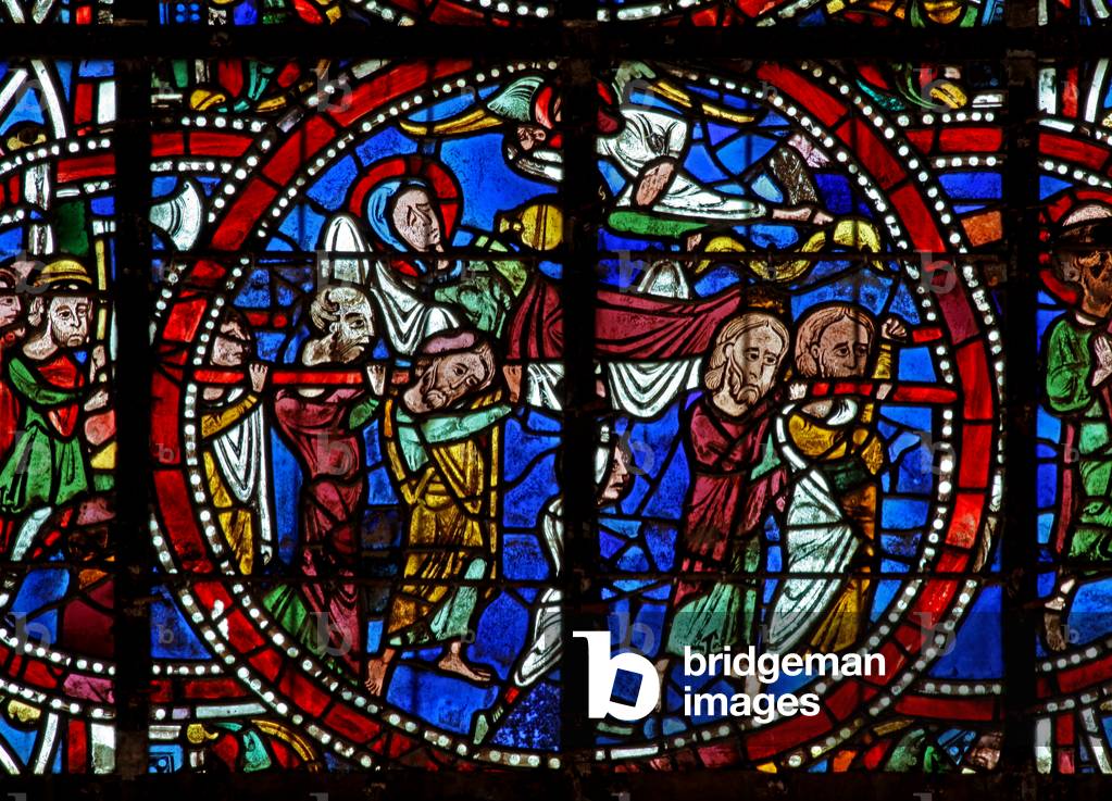 Window w123 depicting the Funeral of the Virgin Mary (stained glass)