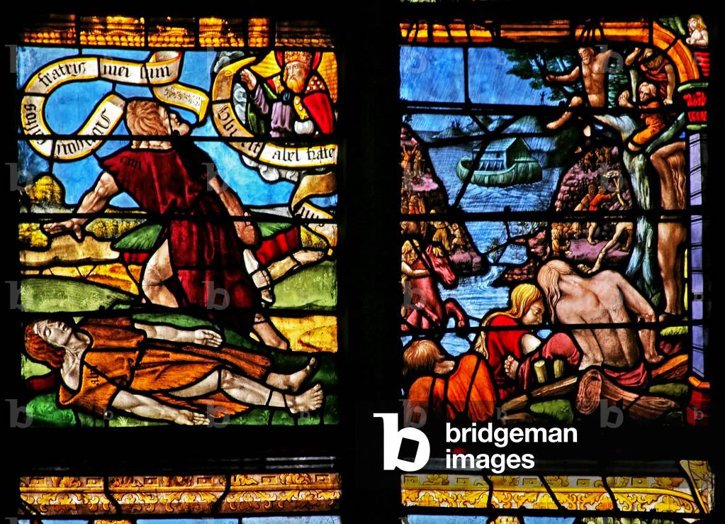 Window w1 depicting Cain kills Abel; Noah's Ark (stained glass)