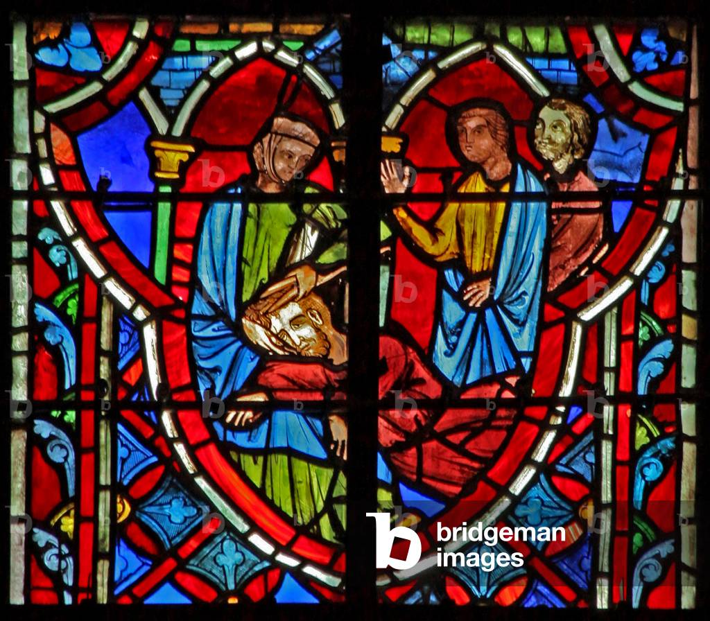 Window w5  Delilah cuts Samson's hair. Judges XVI 19 (stained glass)