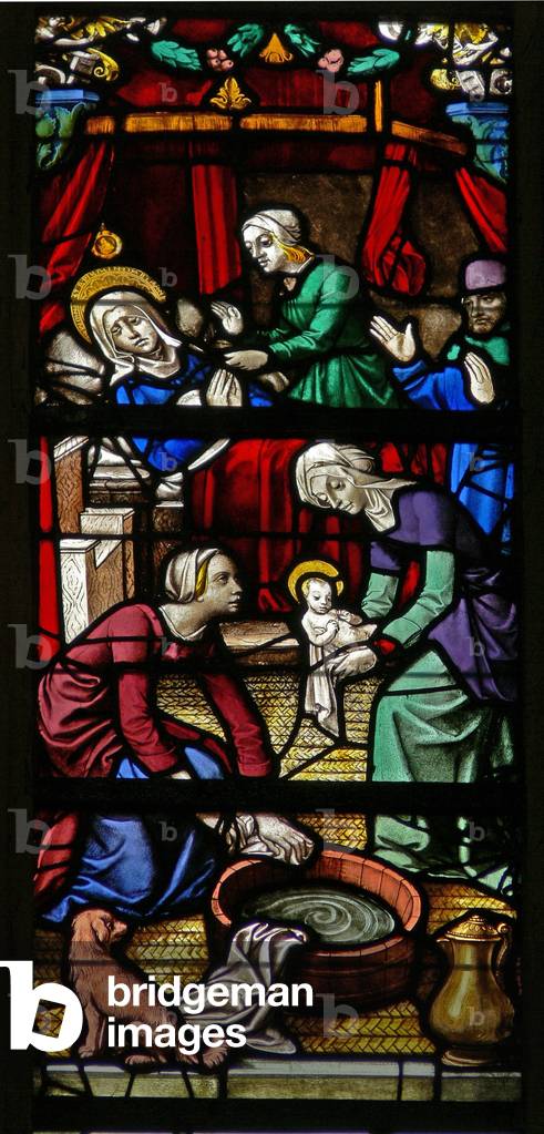 Window w105 depicting a scene from the Life of the Virgin Mary: her birth (stained glass)