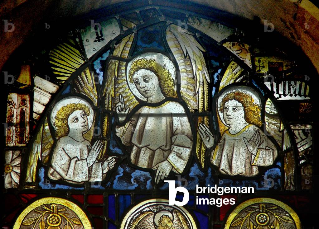 A panel in the east window depicting angels (stained glass)