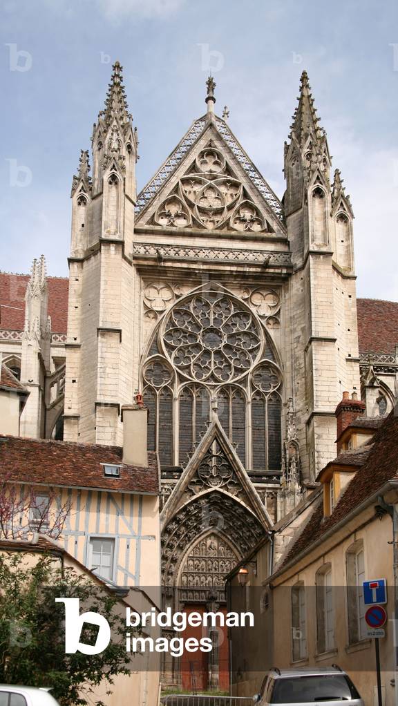 Depicting the south façade and rose window of the Catehdral of St Etienne, Auxerre, France