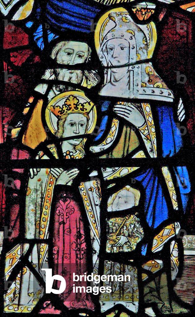 Window Ew depicting St Anne, Joachim, the Virgin Mary and the Christ Child (stained glass)