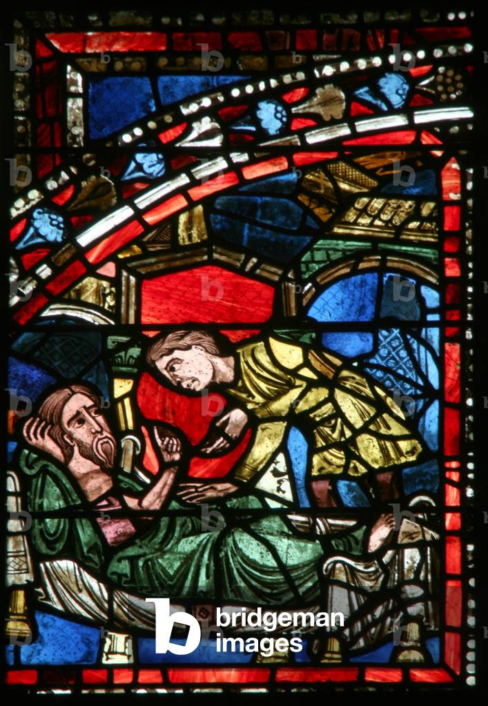 Window w5-L depicting Abraham's servant Eliezar is sent on a mission to find a wife for Isaac (stained glass)